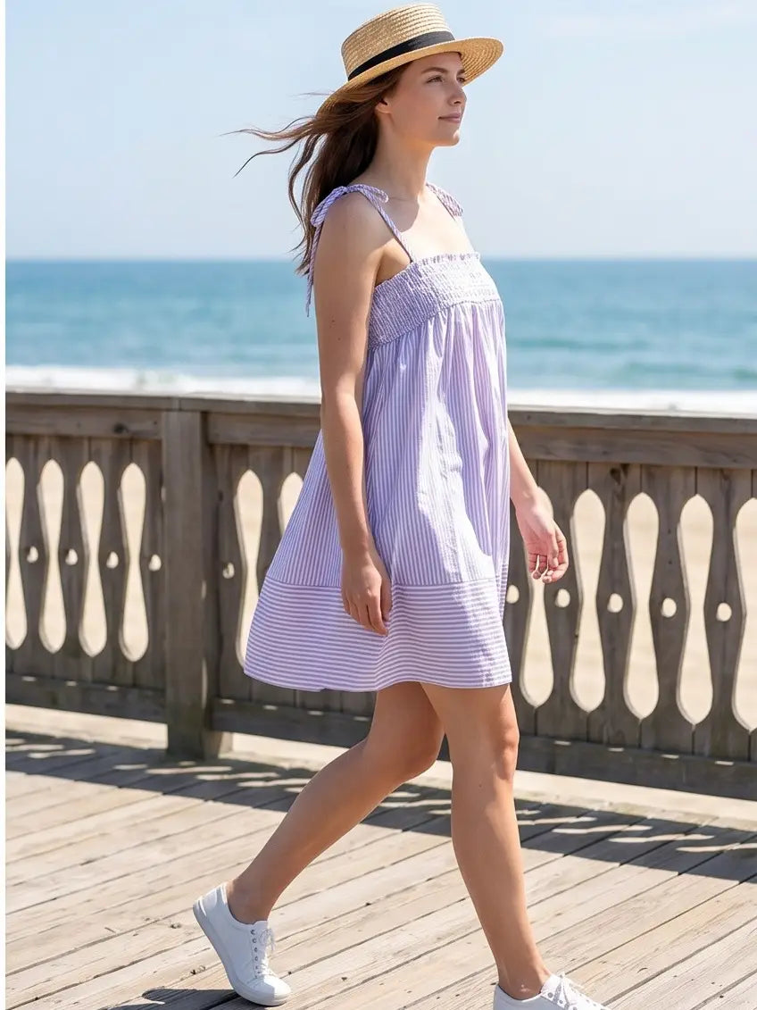 Striped Smocked Mini Dress with Tied Strap