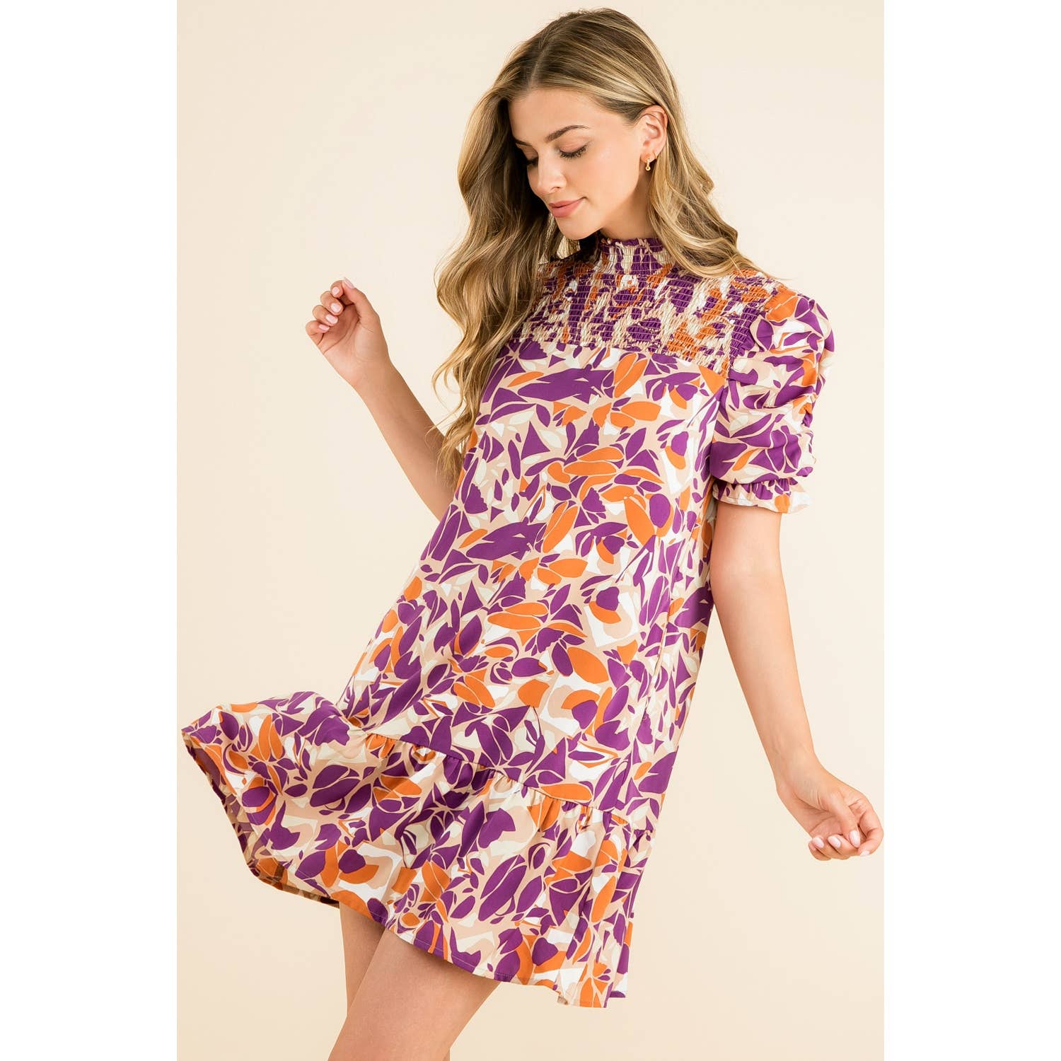Leaf Print Short Sleeve Smock Dress Purple/Orange