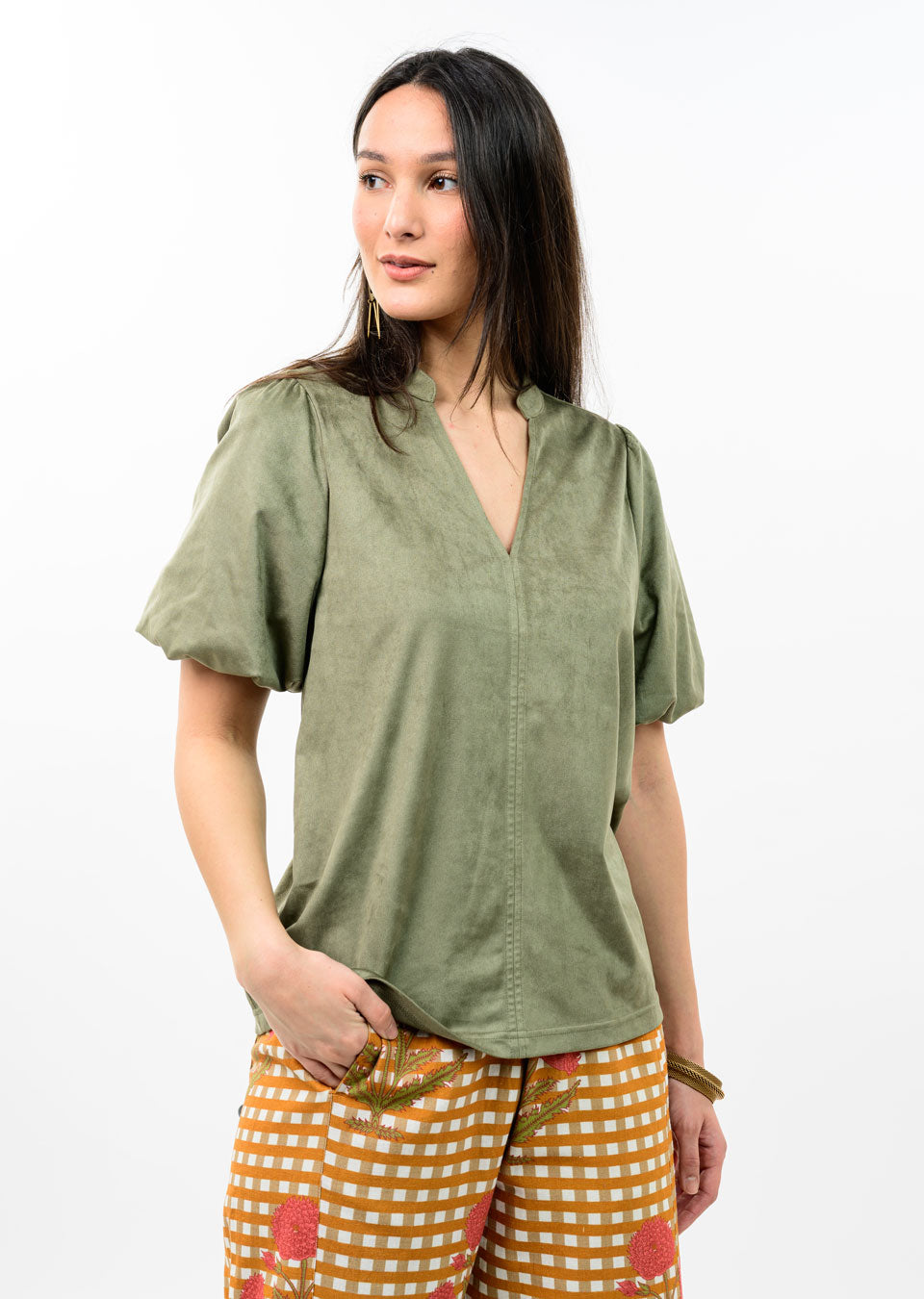 Ivy Jane Faux Suede Poof Sleeve Top Sage