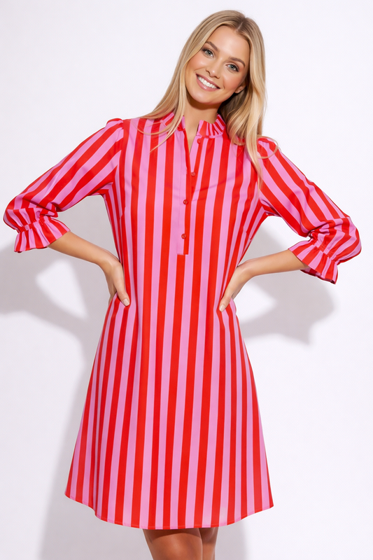 Striped puff sleeve mini dress: Pink