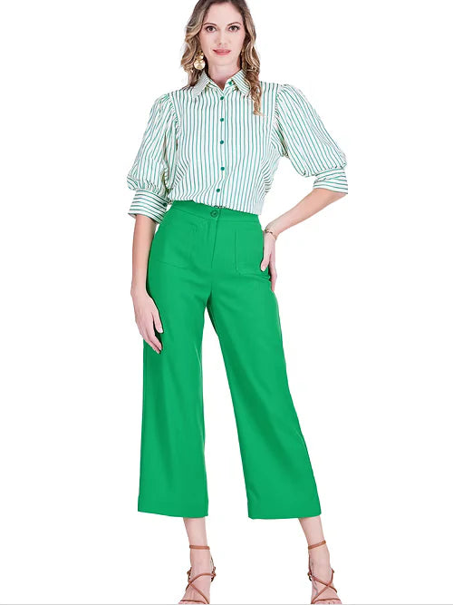 Jade Puff Sleeve Shirt Green Stripe
