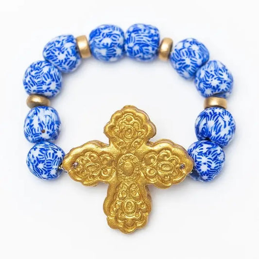 Hidden Truth Blue & White African Glass with Susie Cross Bracelet
