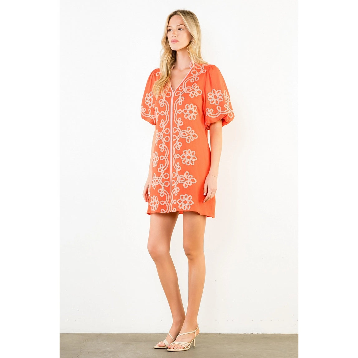 THML Embroidered Bubble Sleeve Dress Orange