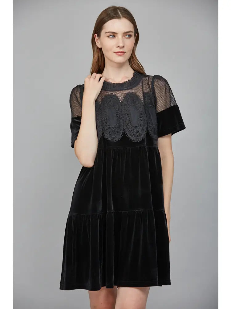 Velvet Lace Babydoll Dress Black