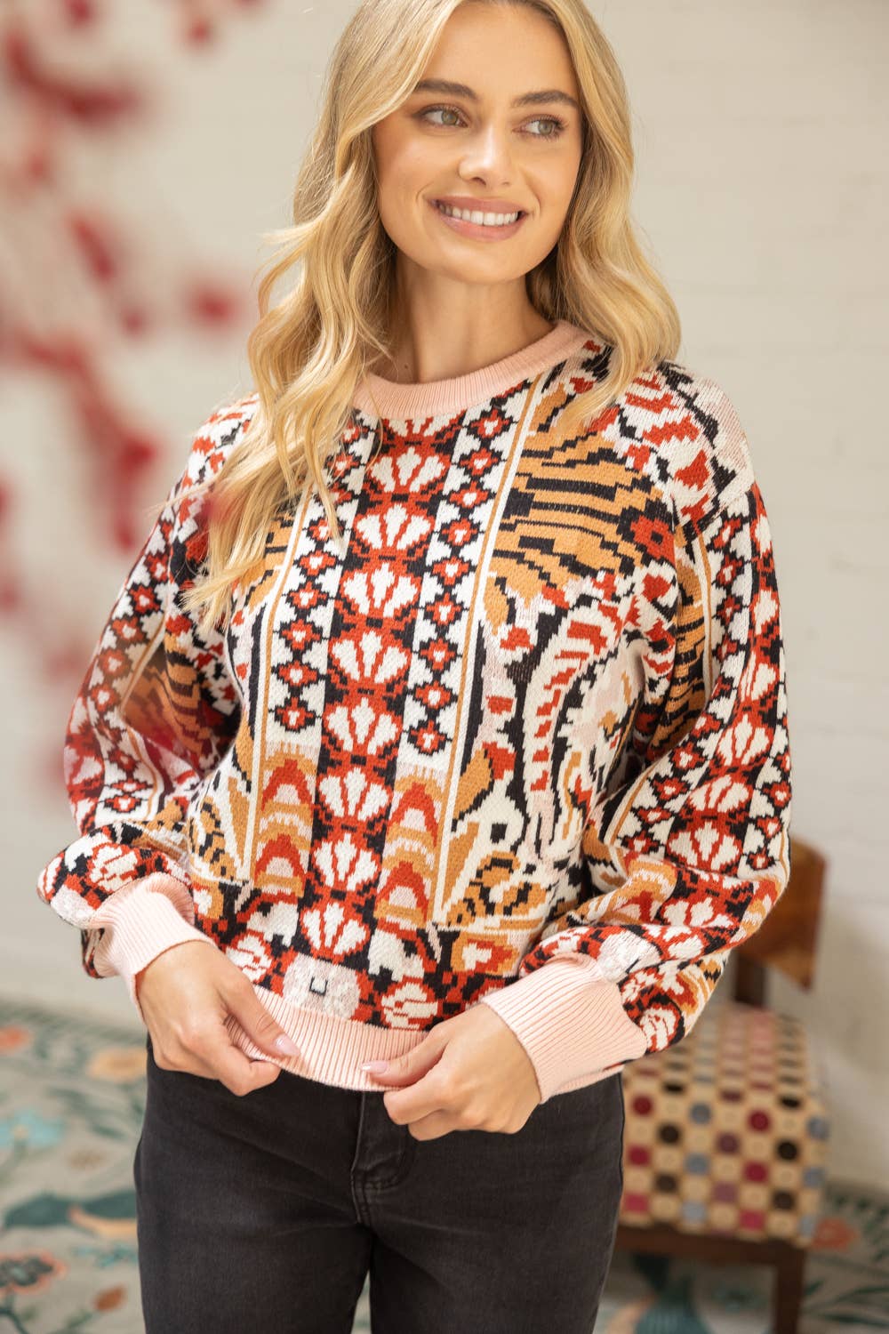 Solid Ribbed Detail Printed Sweater Top Multi