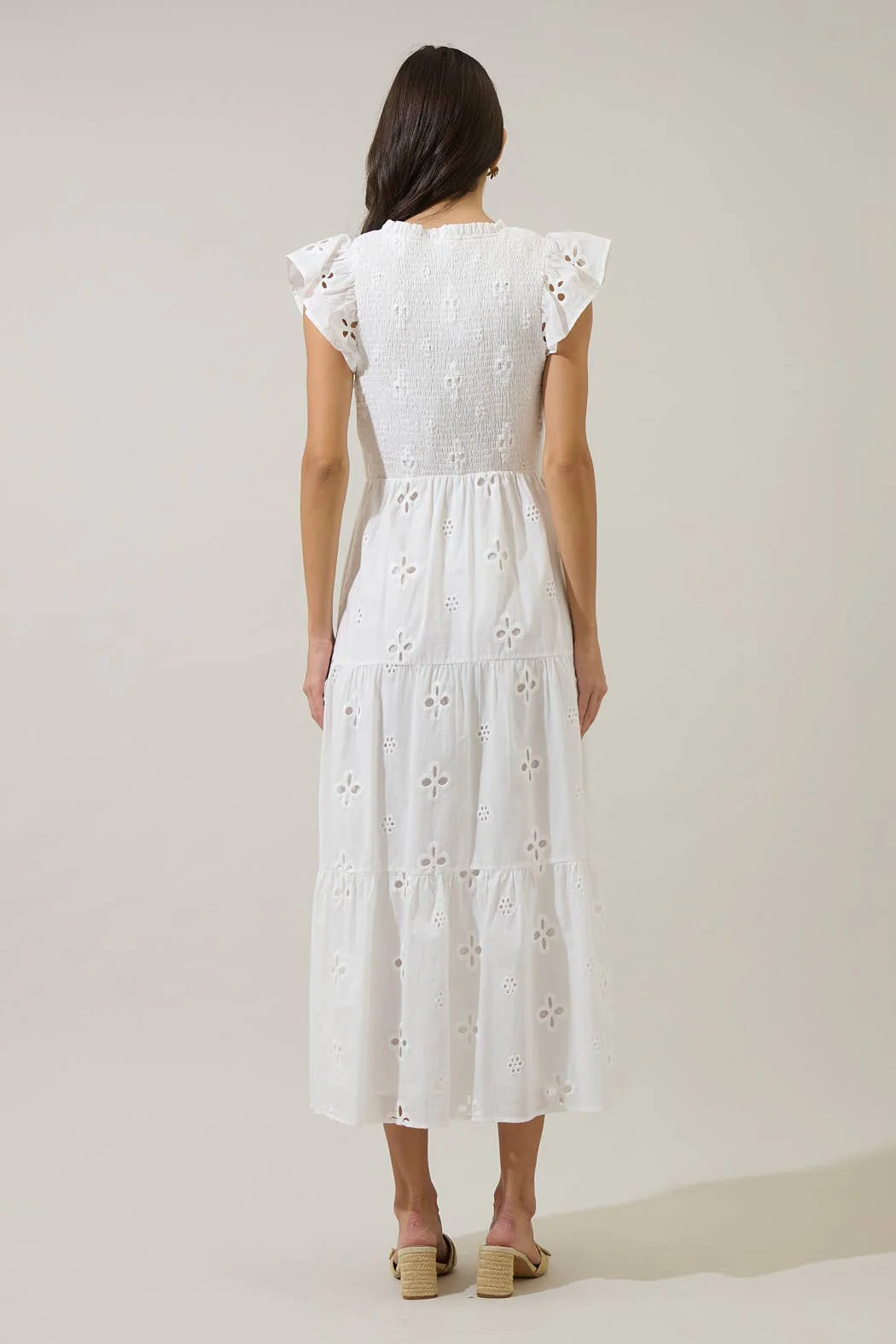 Kinna Eyelet Sunfire Tiered Midi Dress White