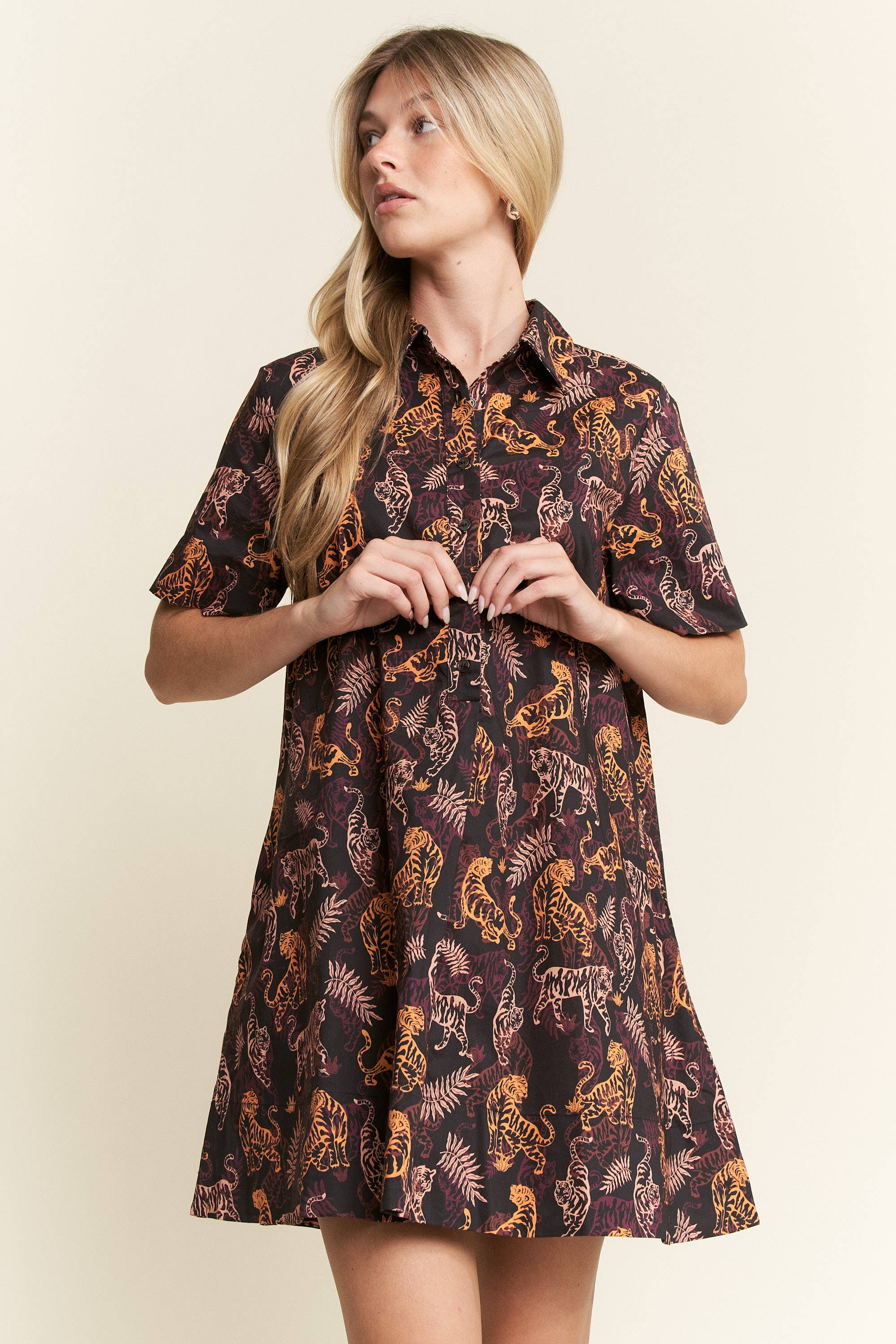 Collared Tiger Print Mini Dress
