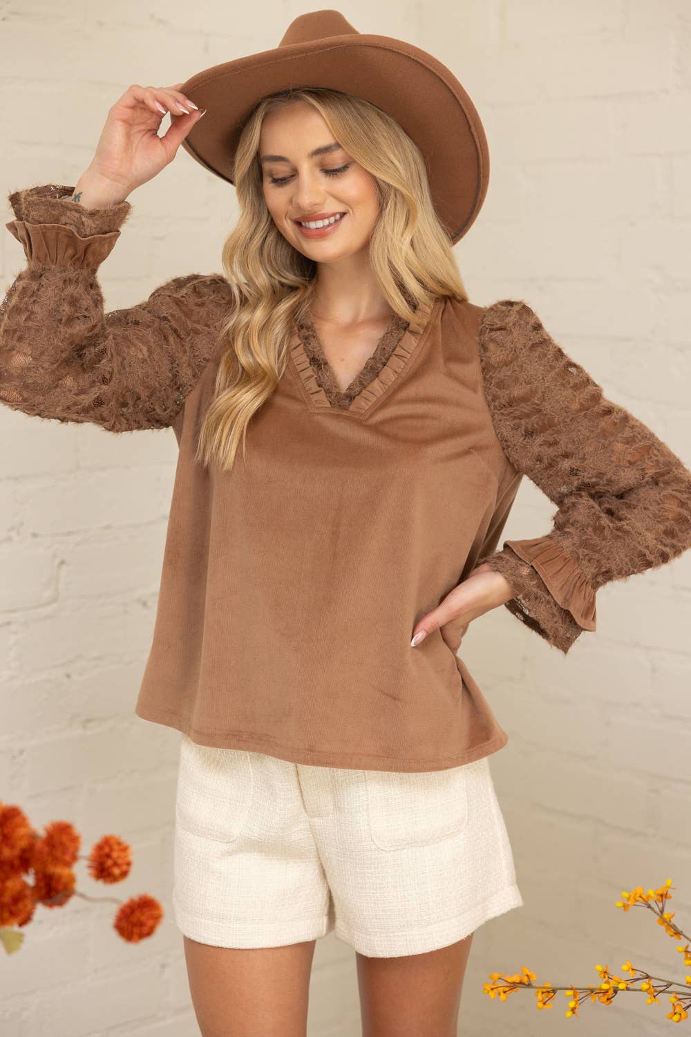 Fuzzy Lace Long Sleeve Ruffle Detailed Corduroy Top Brown