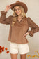 Fuzzy Lace Long Sleeve Ruffle Detailed Corduroy Top Brown