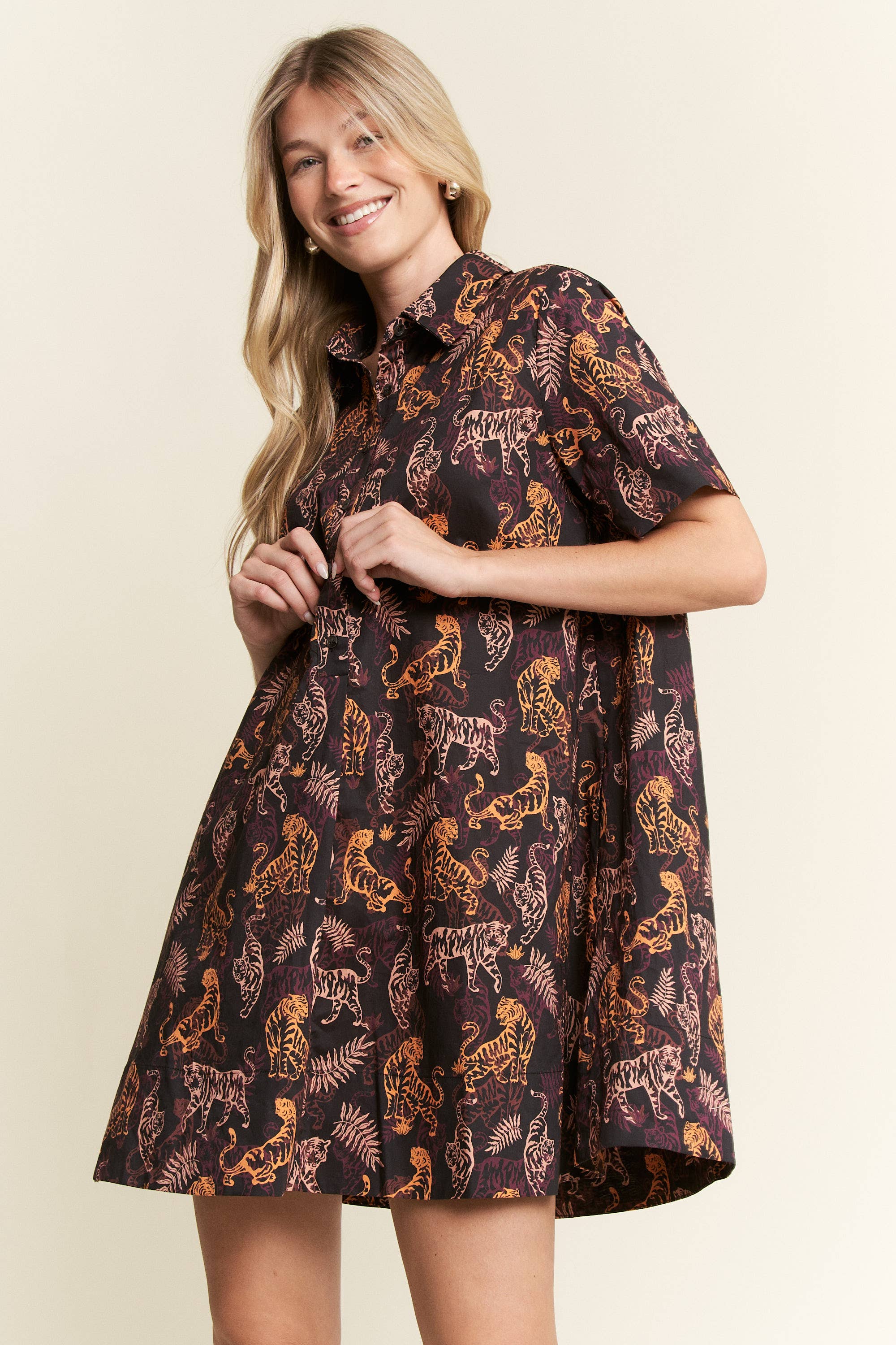 Collared Tiger Print Mini Dress
