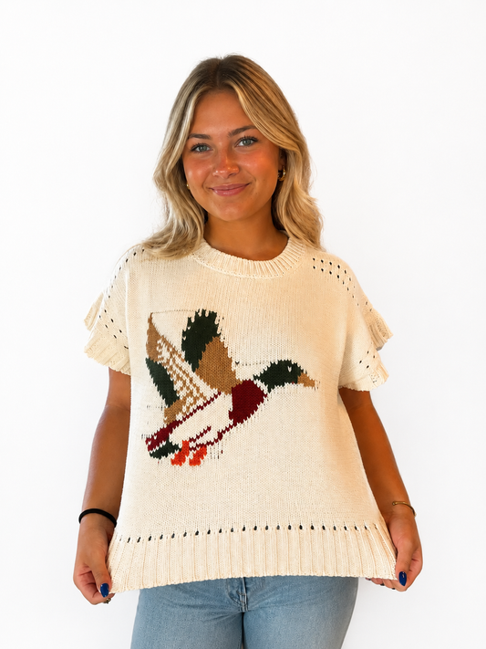 Country Duck Knit cream short-sleeve sweater top featuring an intarsia flying mallard duck graphic design.