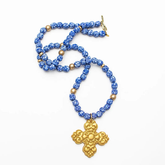 Hidden Truth 34" Blue and White Glass with Andrea Cross Necklace