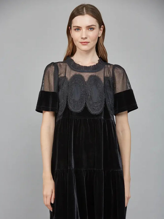 Velvet Lace Babydoll Dress Black