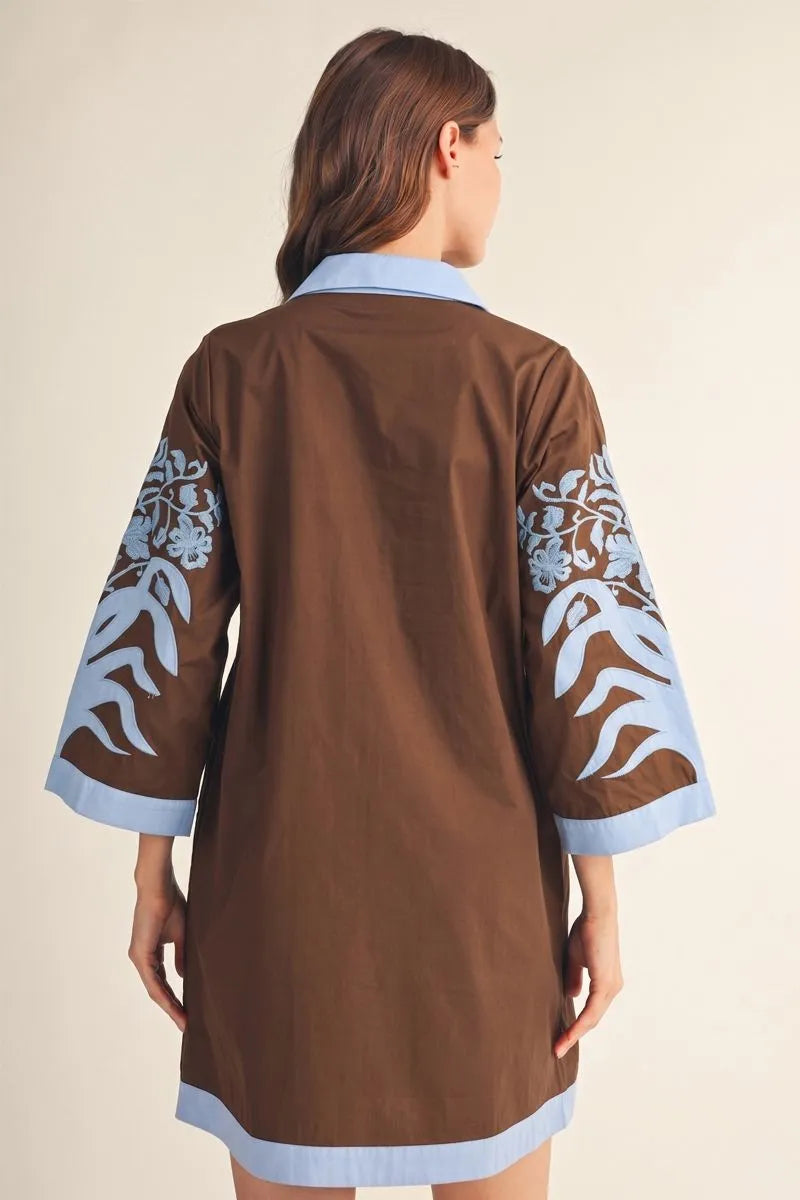 Floral Applique Shift Dress Brown and Blue
