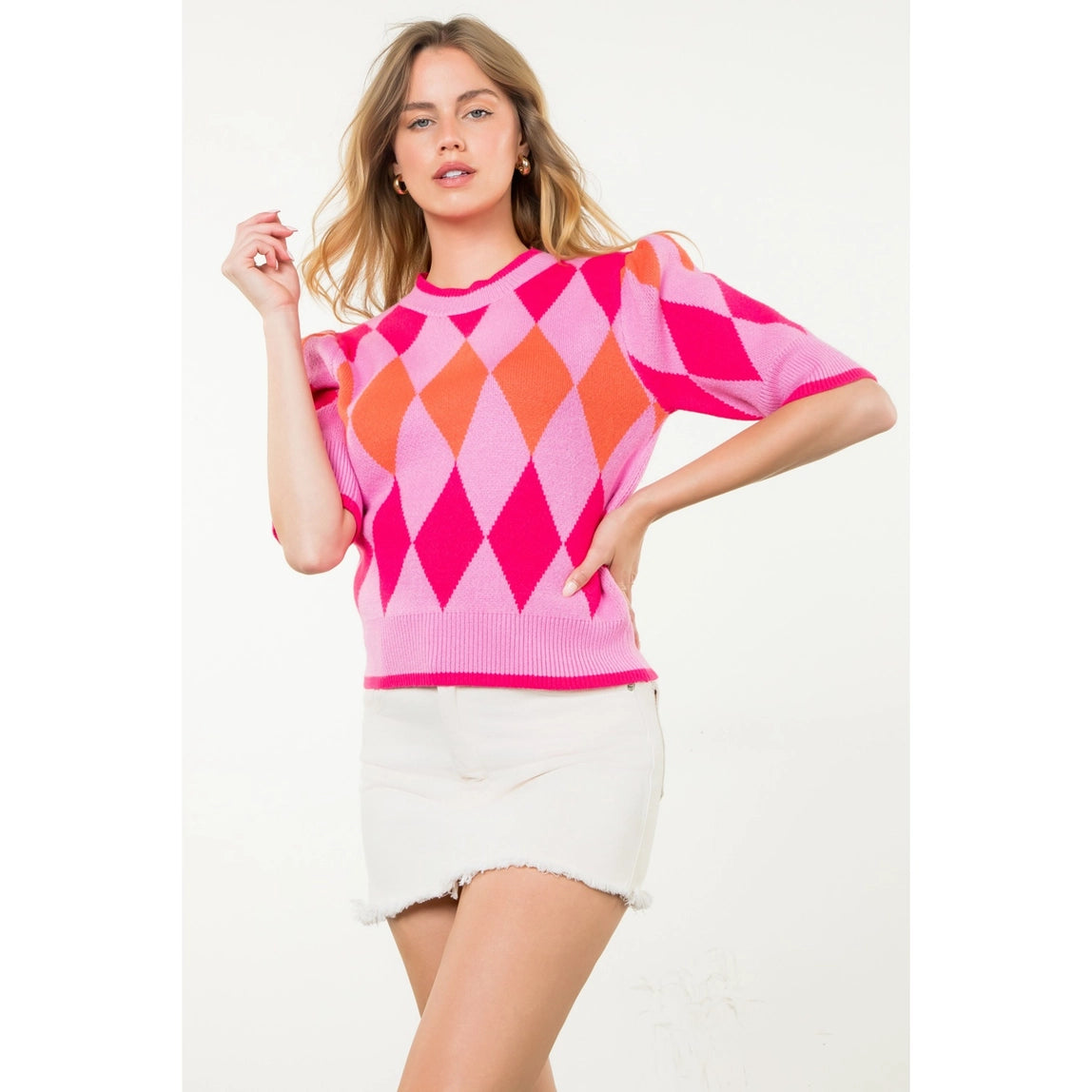 THML Short Sleeve Argyle Knit Top Pink