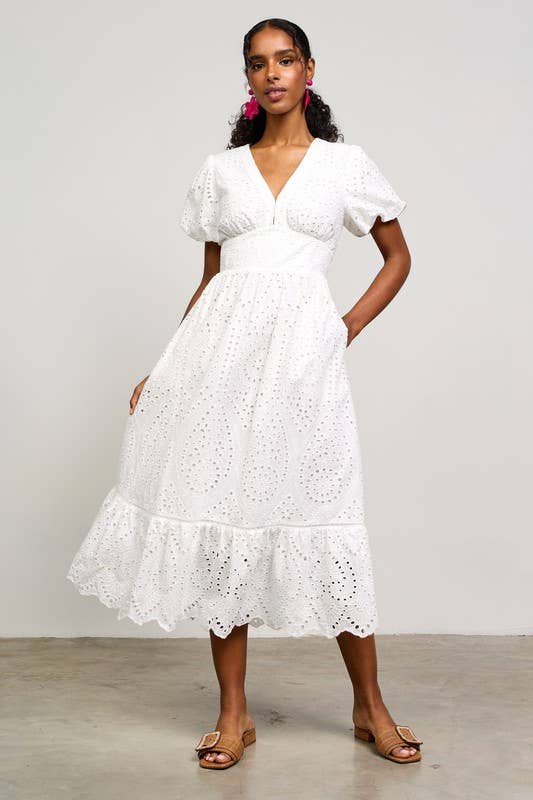 Eyelet Lace Smocked Back Midi Dress White