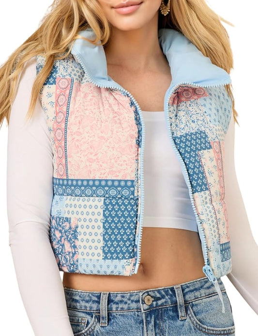 Cropped Floral Print Puffer Vest