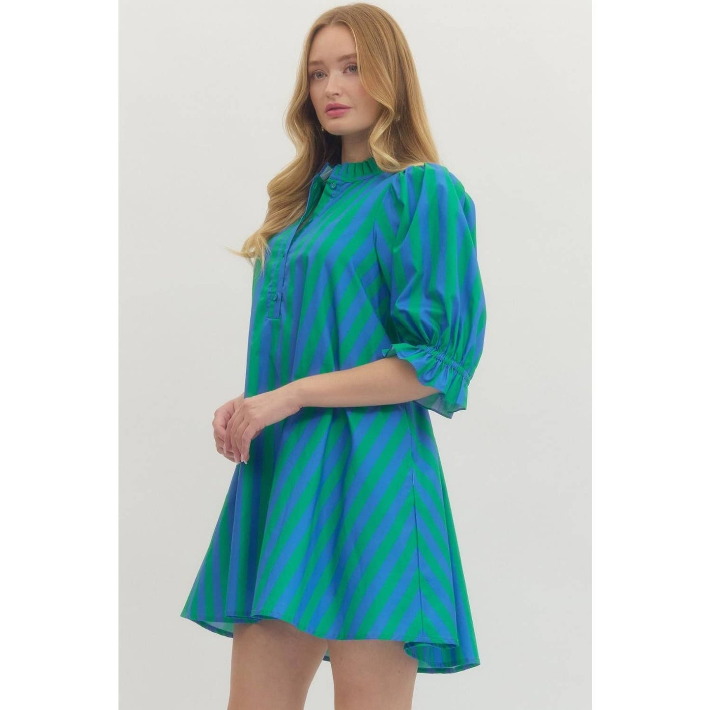 Striped puff sleeve mini dress: Green