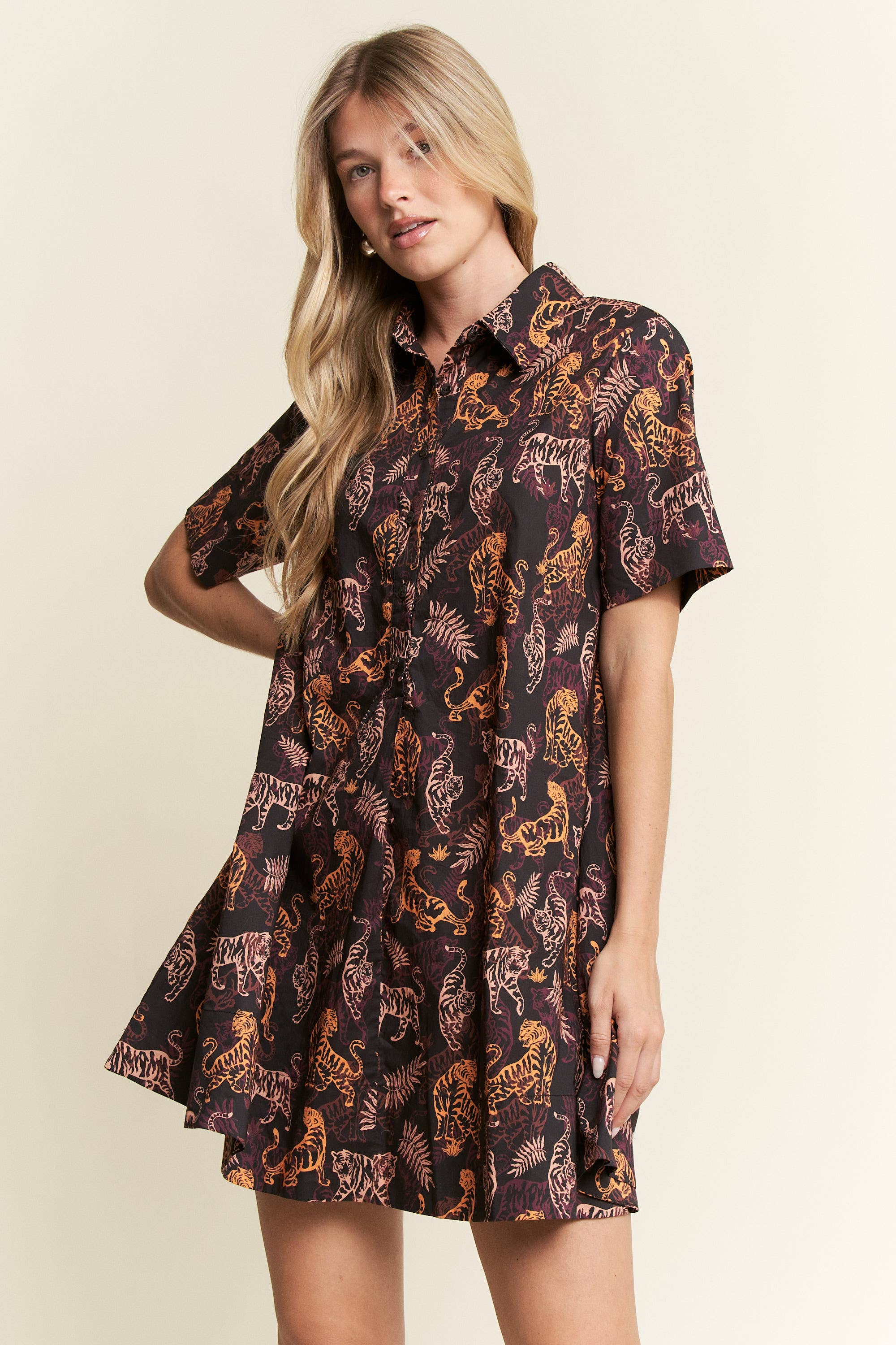 Collared Tiger Print Mini Dress