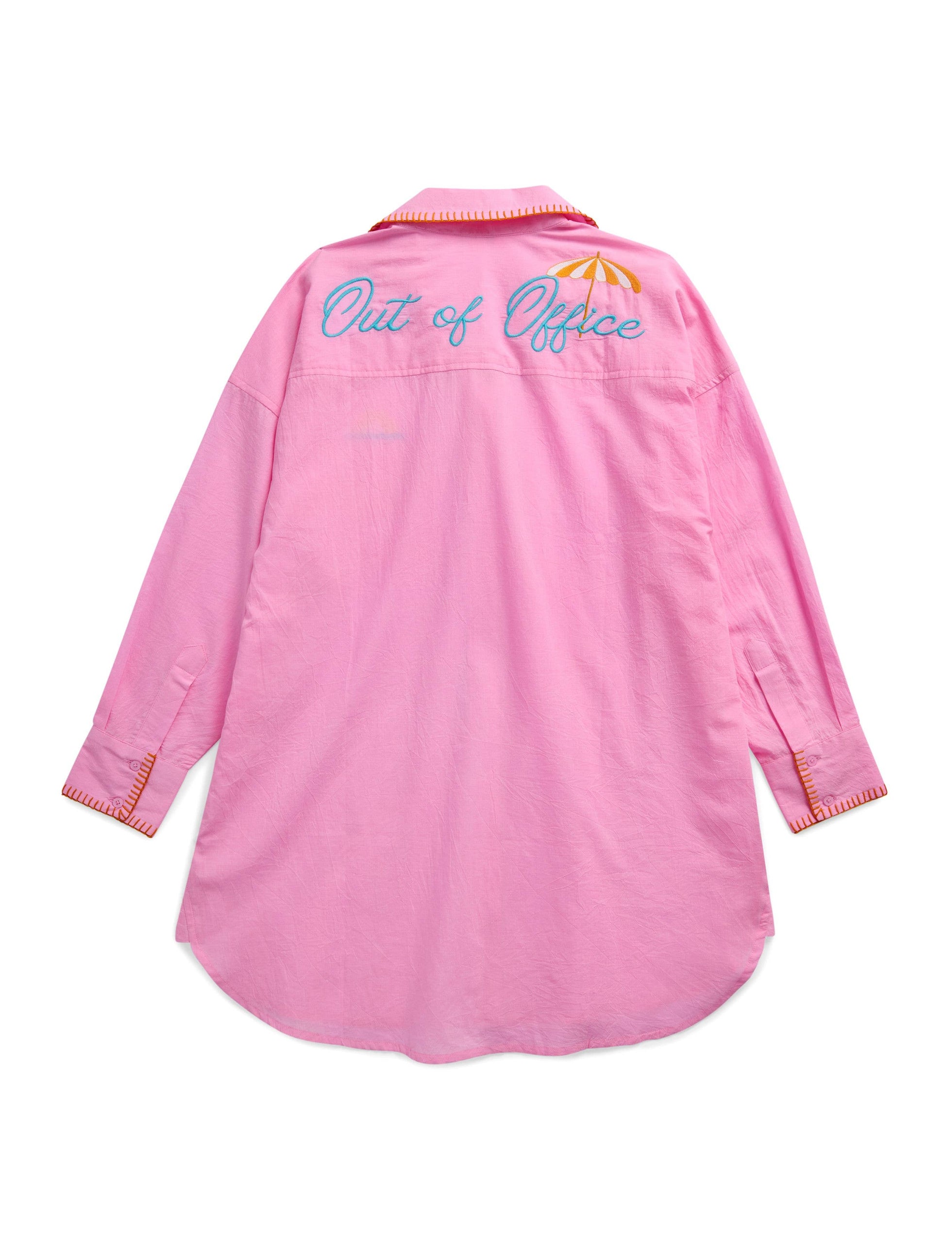 Vacay Out Of Office pink oversized shirt with embroidered script and beach umbrella graphic on back