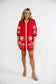 Victoria Dunn Presley red mini shirt dress with white palm tree embroidery and espadrille wedge heels.