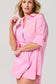 Vacay Out Of Office pink button-down cover-up shirt with colorful embroidered trim and sun graphic pocket detail.
