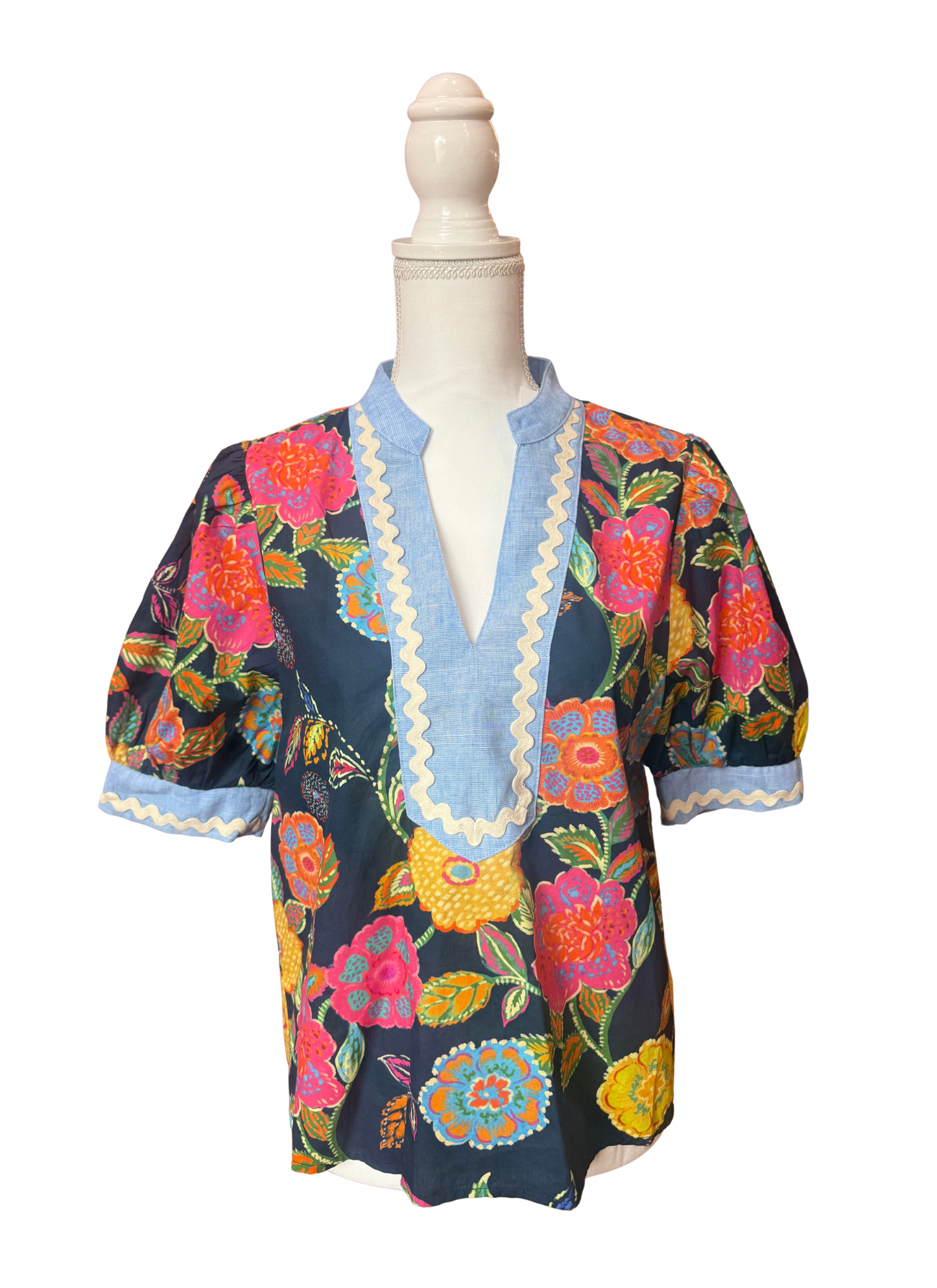 Short Sleeve Floral V-neck Top Navy