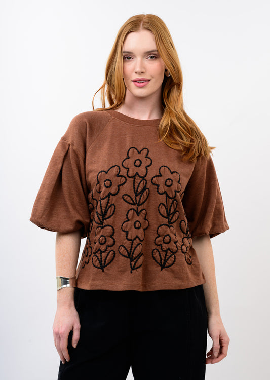 Ivy Jane French Terry Crewneck W/ Floral Embroidery Chocolate