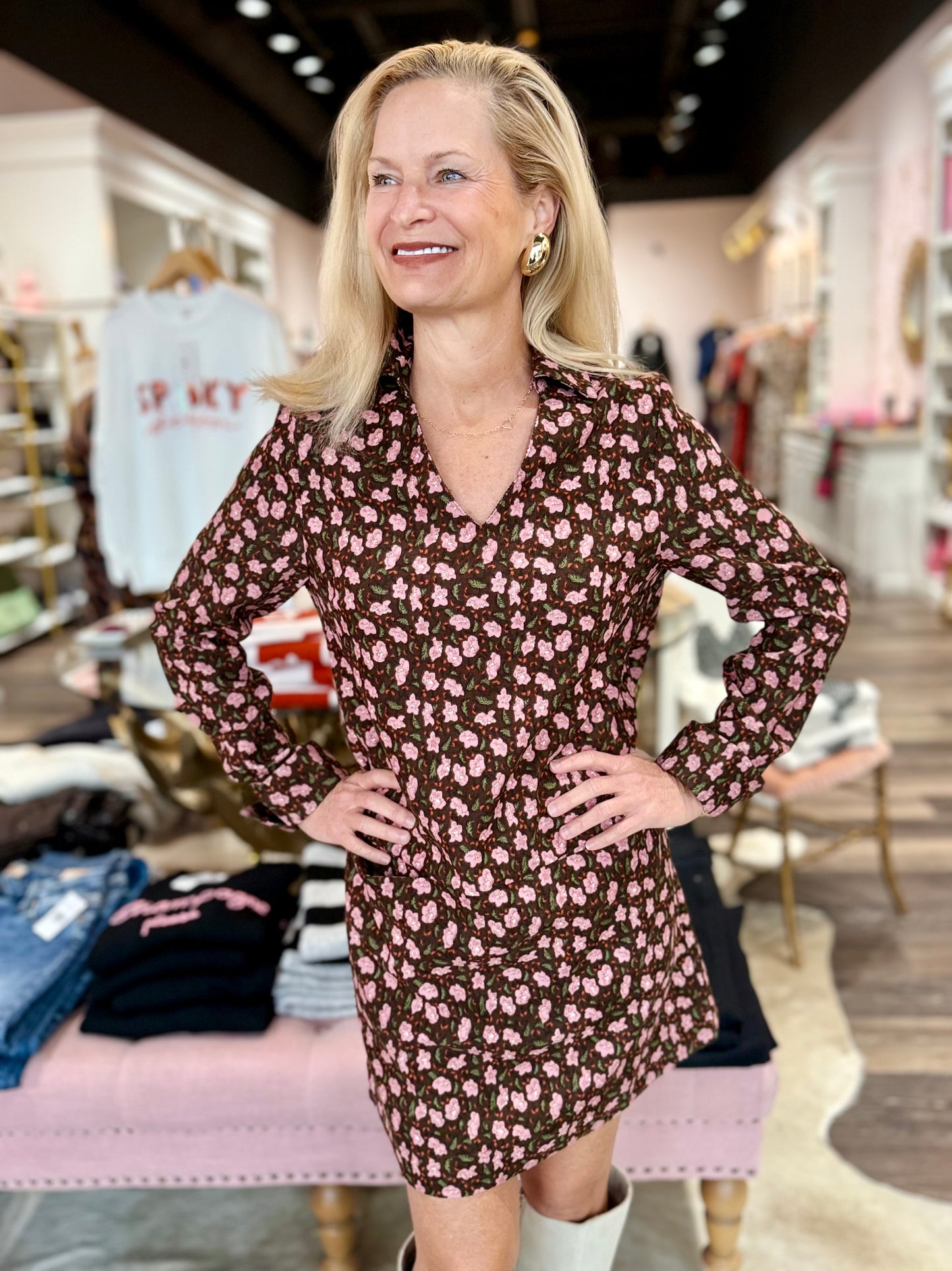 Joy Joy Split Neck Collar Dress Pink Petals