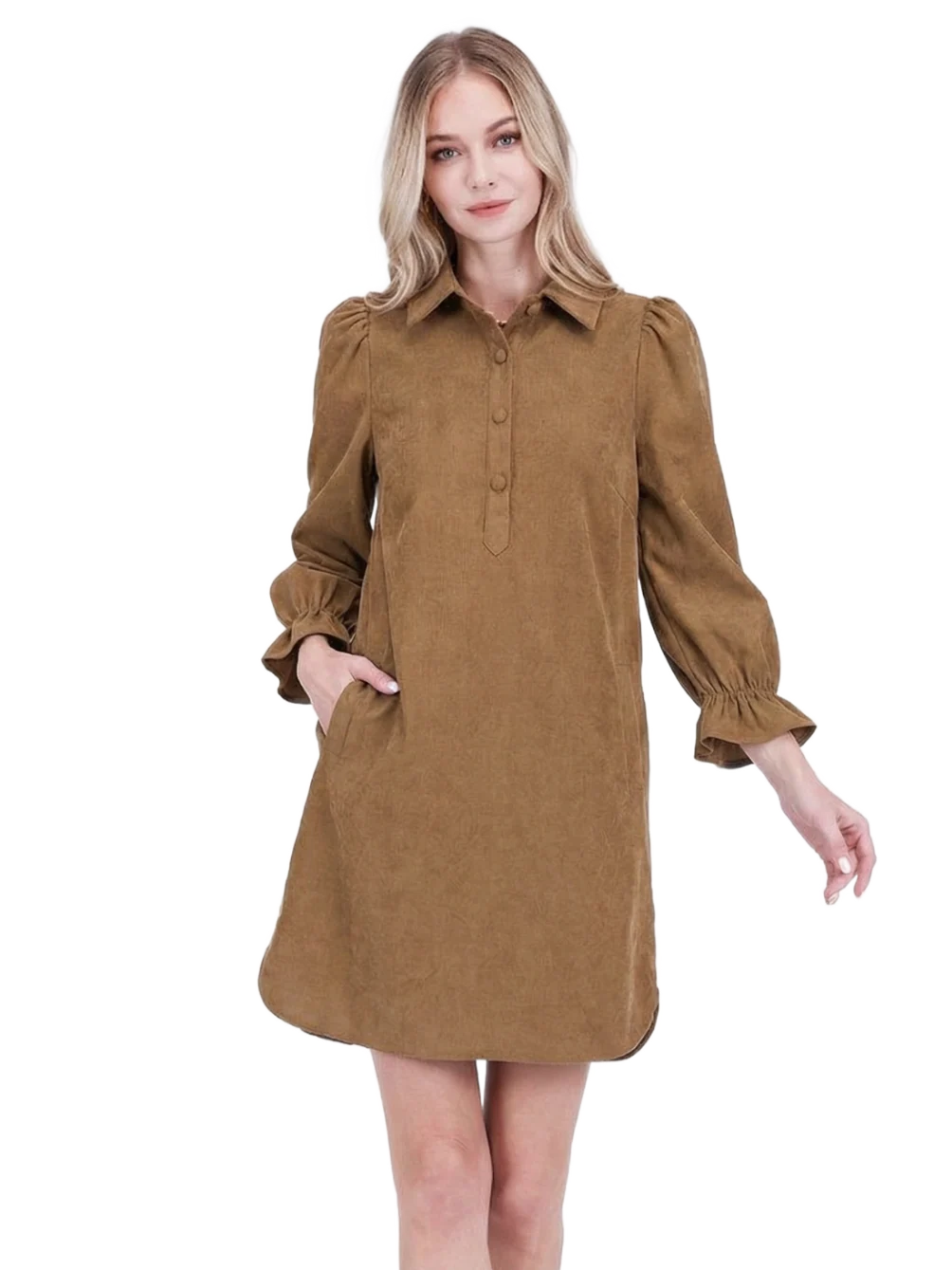 Joy Joy Placket collar dress in taupe corduroy with puff sleeves, button placket, and A-line silhouette.
