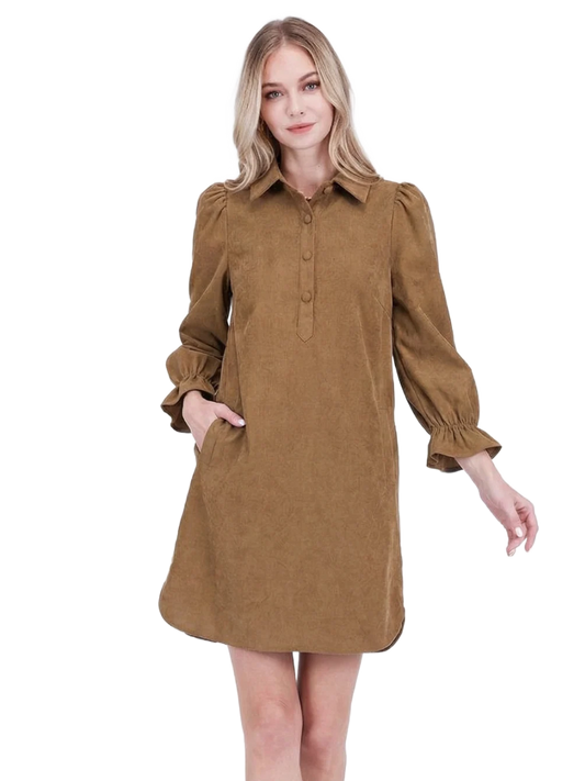 Joy Joy Placket collar dress in taupe corduroy with puff sleeves, button placket, and A-line silhouette.