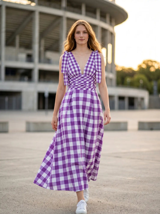 Check Pattern Tie Shoulder Maxi Dress