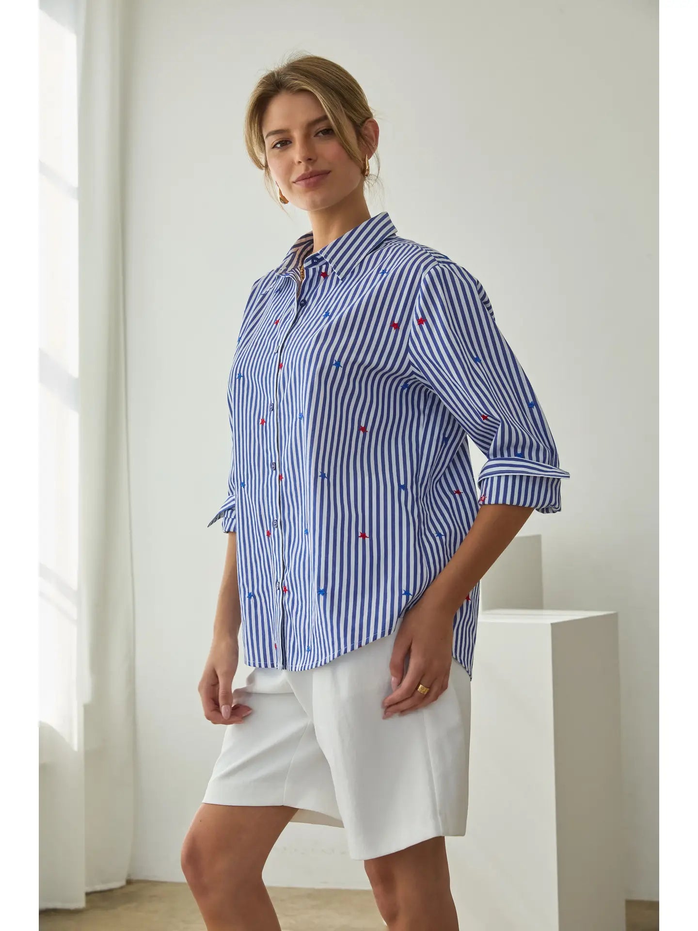 Star Embroidered Striped Button Down Top