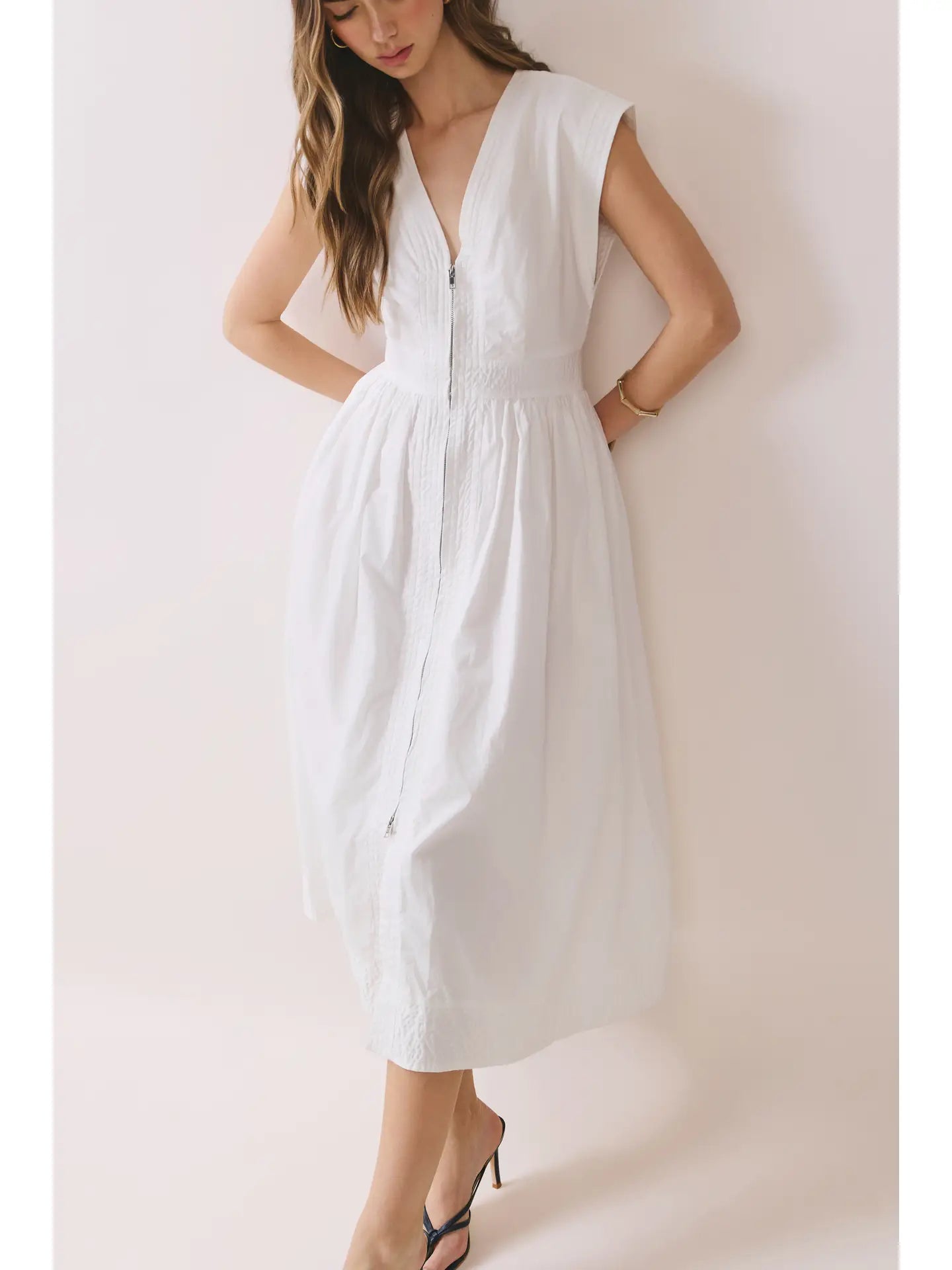 Cap Sleeve V- Neck Midi Dress with Front Zipper