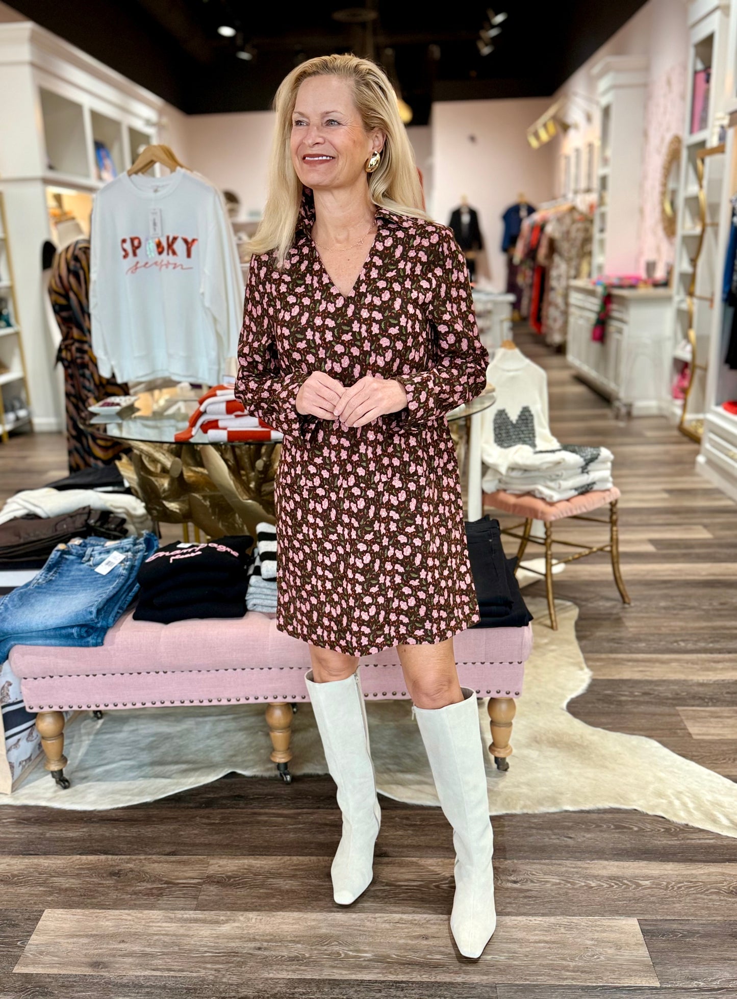 Joy Joy Split Neck Collar Dress Pink Petals