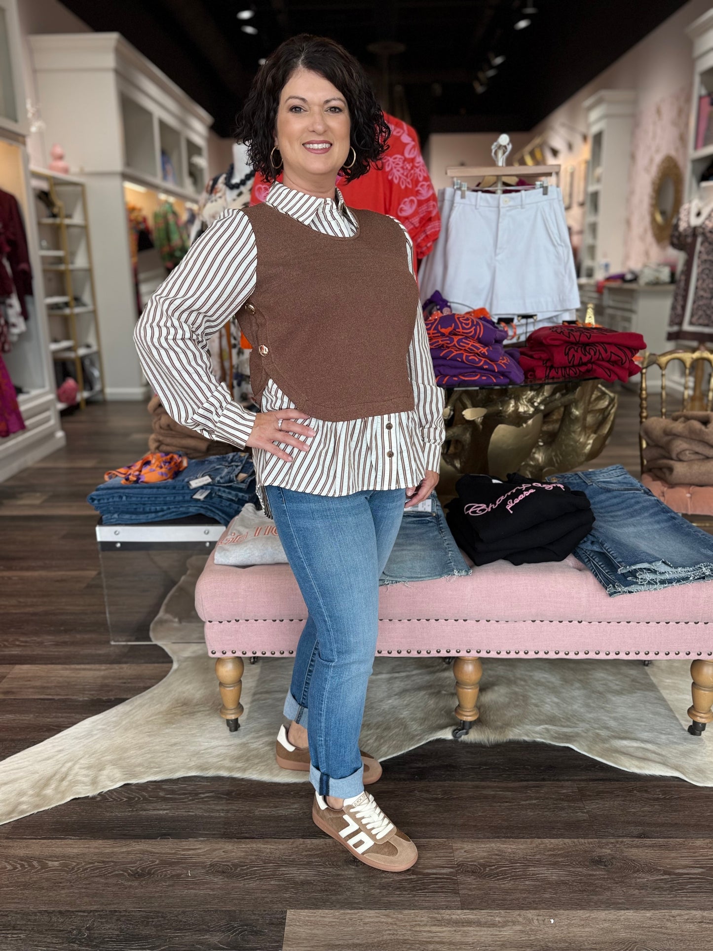 Knitted Vest Twofer Blouse Brown/Stripe