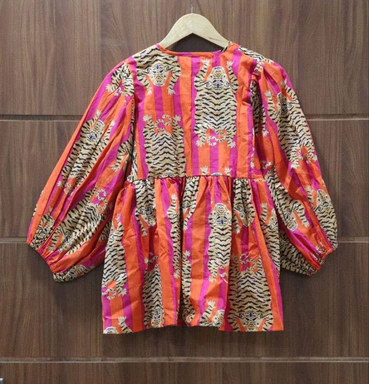 Orange Stripes Tiger Short Block Print Blouse