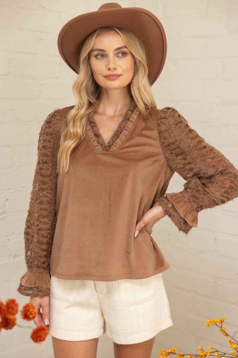 Fuzzy Lace Long Sleeve Ruffle Detailed Corduroy Top Brown