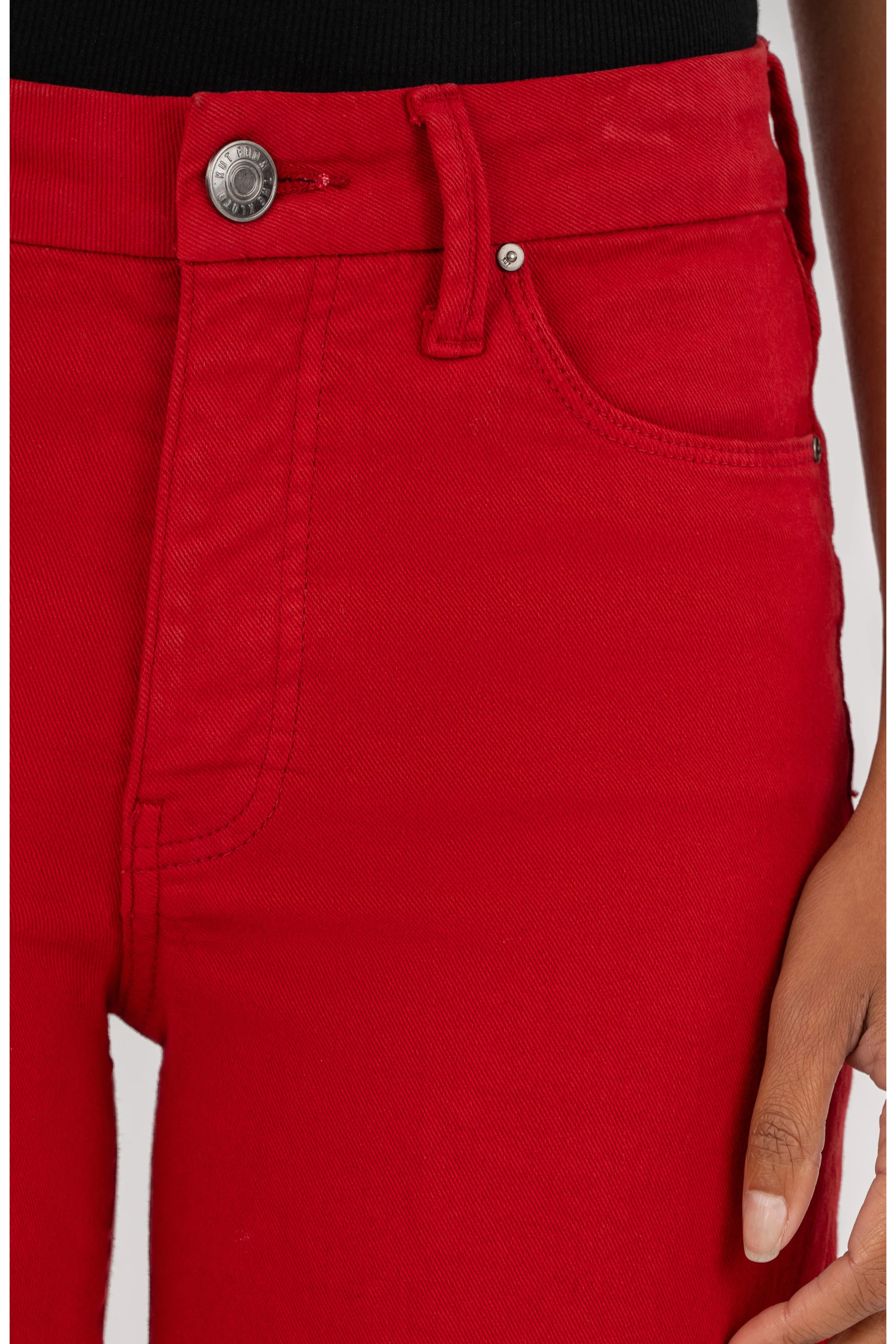 Kut Meg High Waist Wide Leg Jeans in Ruby Red — close-up of waistband, silver button, coin pocket, and twill fabric detail.