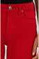 Kut Meg High Waist Wide Leg Jeans in Ruby Red — close-up of waistband, silver button, coin pocket, and twill fabric detail.