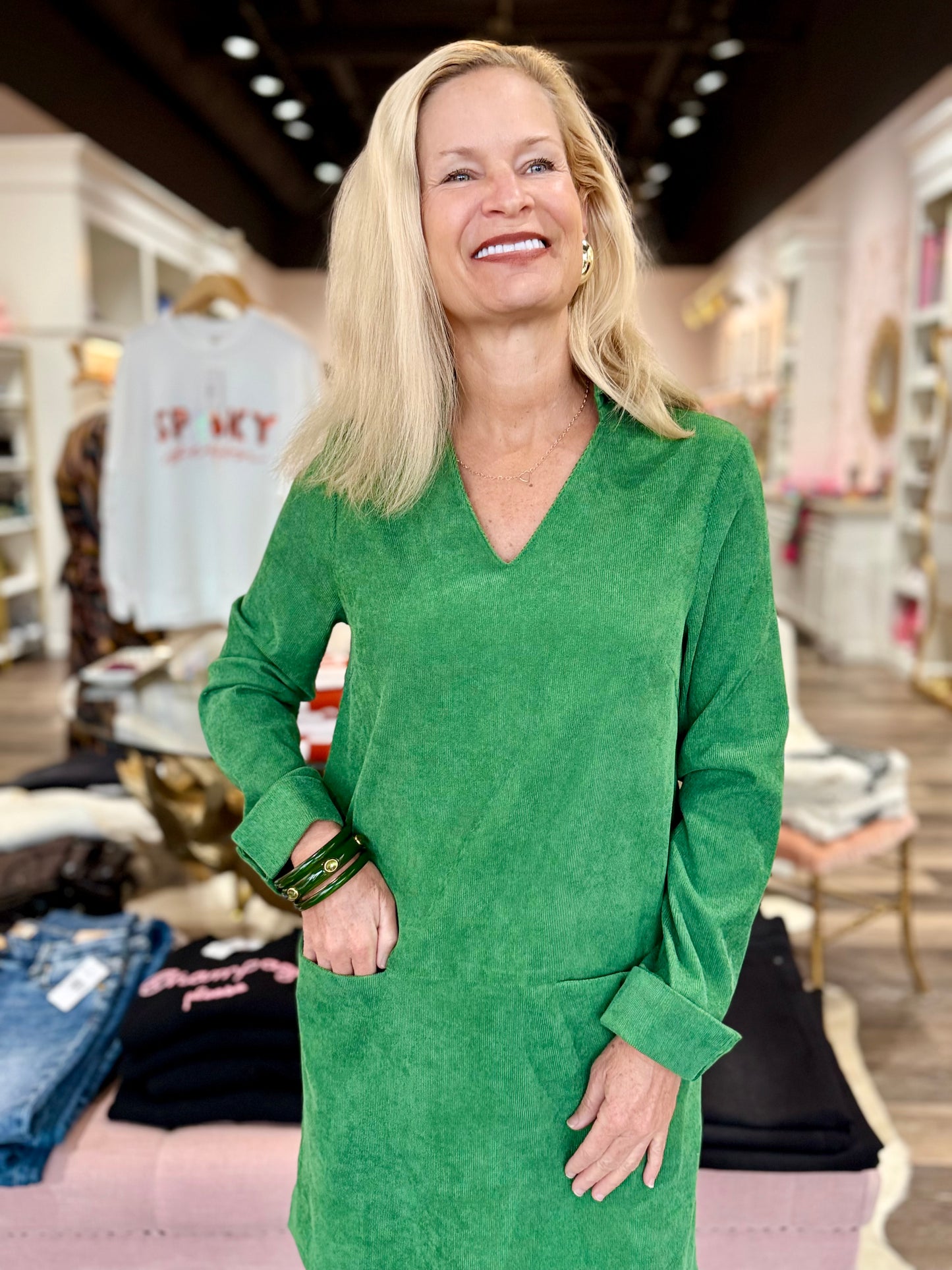 Joy Joy Split Neck Collar Dress Green