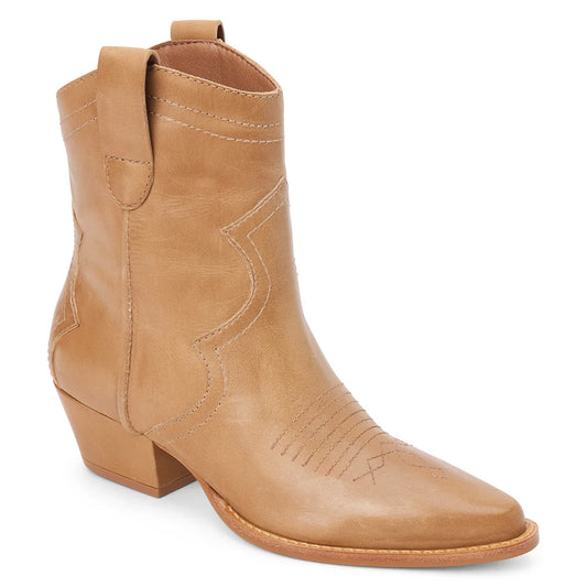 Matisse Arlo western-style ankle bootie featuring decorative stitching, pointed toe, and stacked block heel in tan leather.