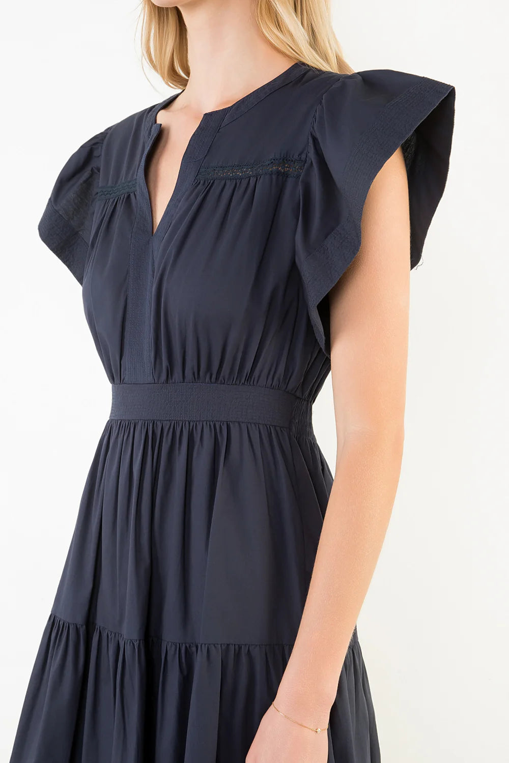 THML Ruffled Sleeves V-Neck Tiered Midi Dress Navy