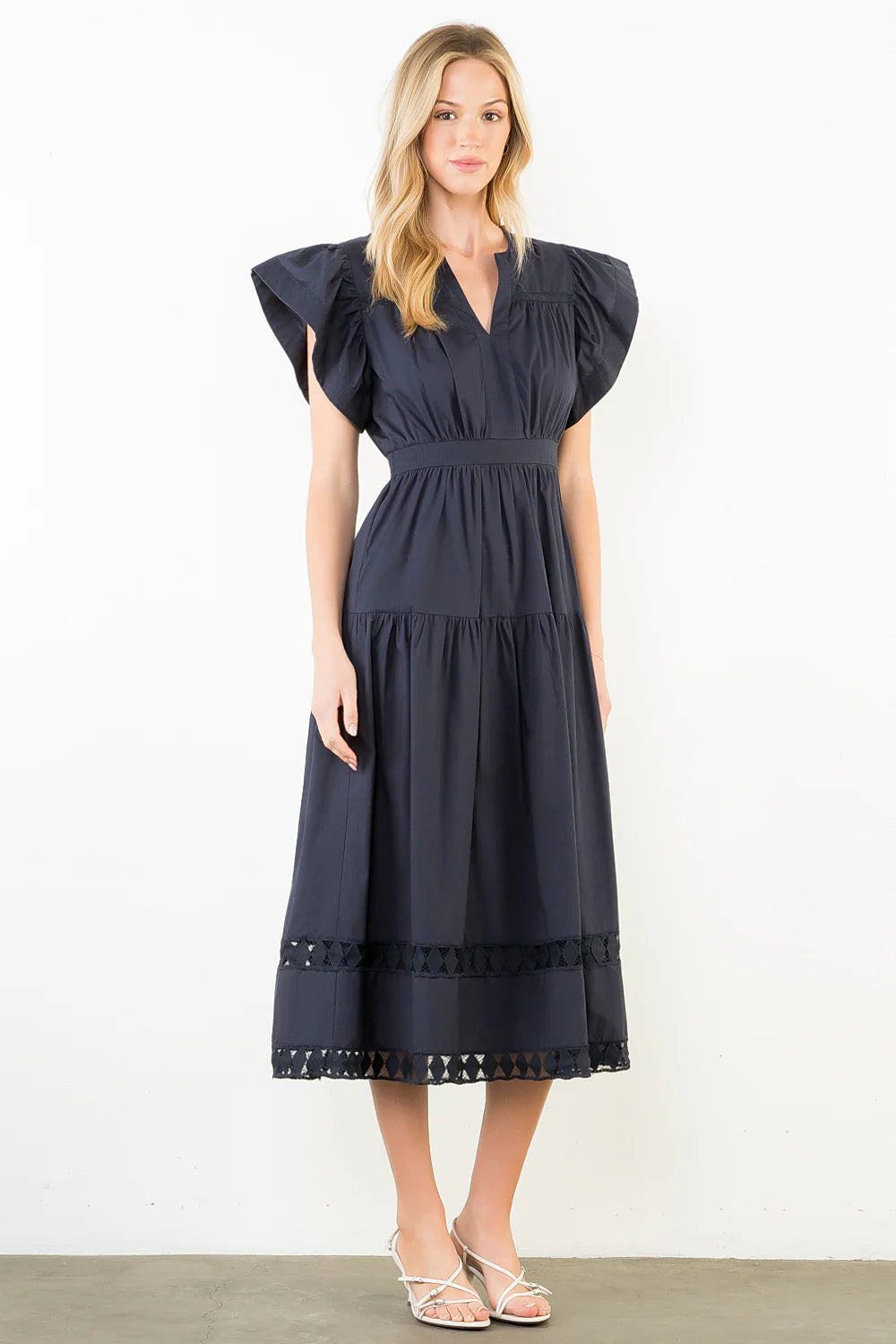 THML Ruffled Sleeves V-Neck Tiered Midi Dress Navy
