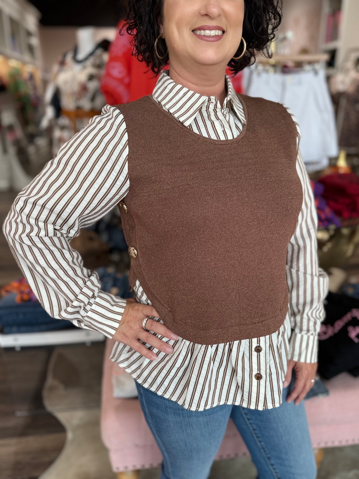 Knitted Vest Twofer Blouse Brown/Stripe