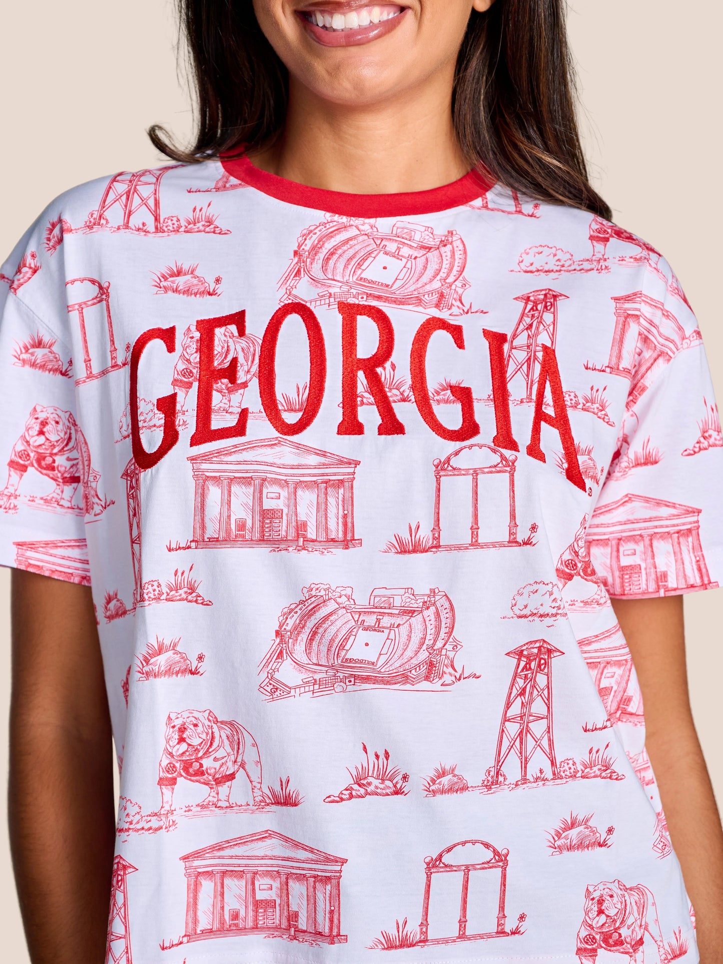 Stewart Simmons Team Toile Embroidered Tee Georgia in white with red Georgia campus toile print and embroidered chest lettering, front view on model.