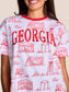 Stewart Simmons Team Toile Embroidered Tee Georgia in white with red Georgia campus toile print and embroidered chest lettering, front view on model.