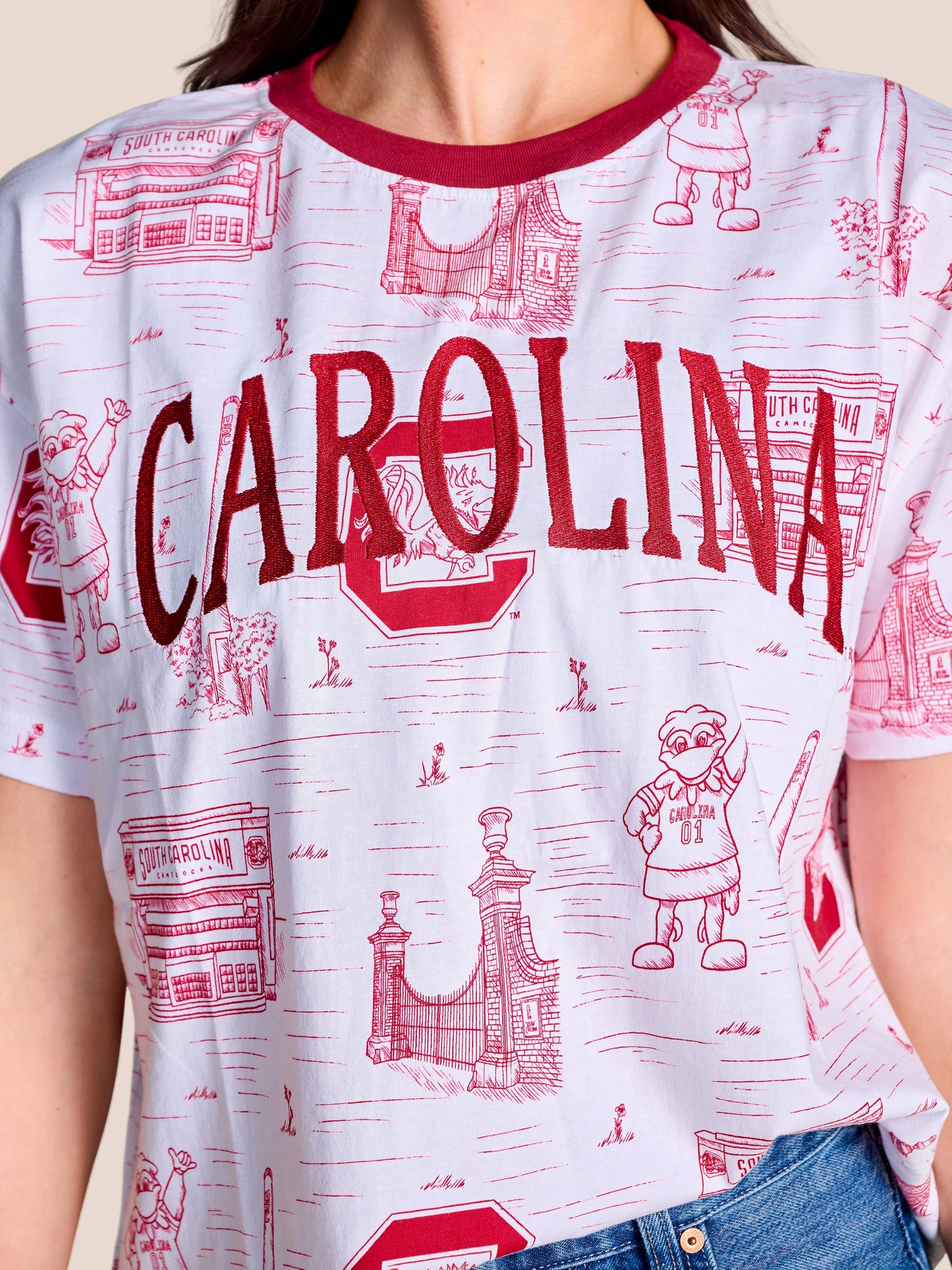 Stewart Simmons white Carolina Gamecocks toile print ringer tee with embroidered "CAROLINA" lettering and campus illustrat...