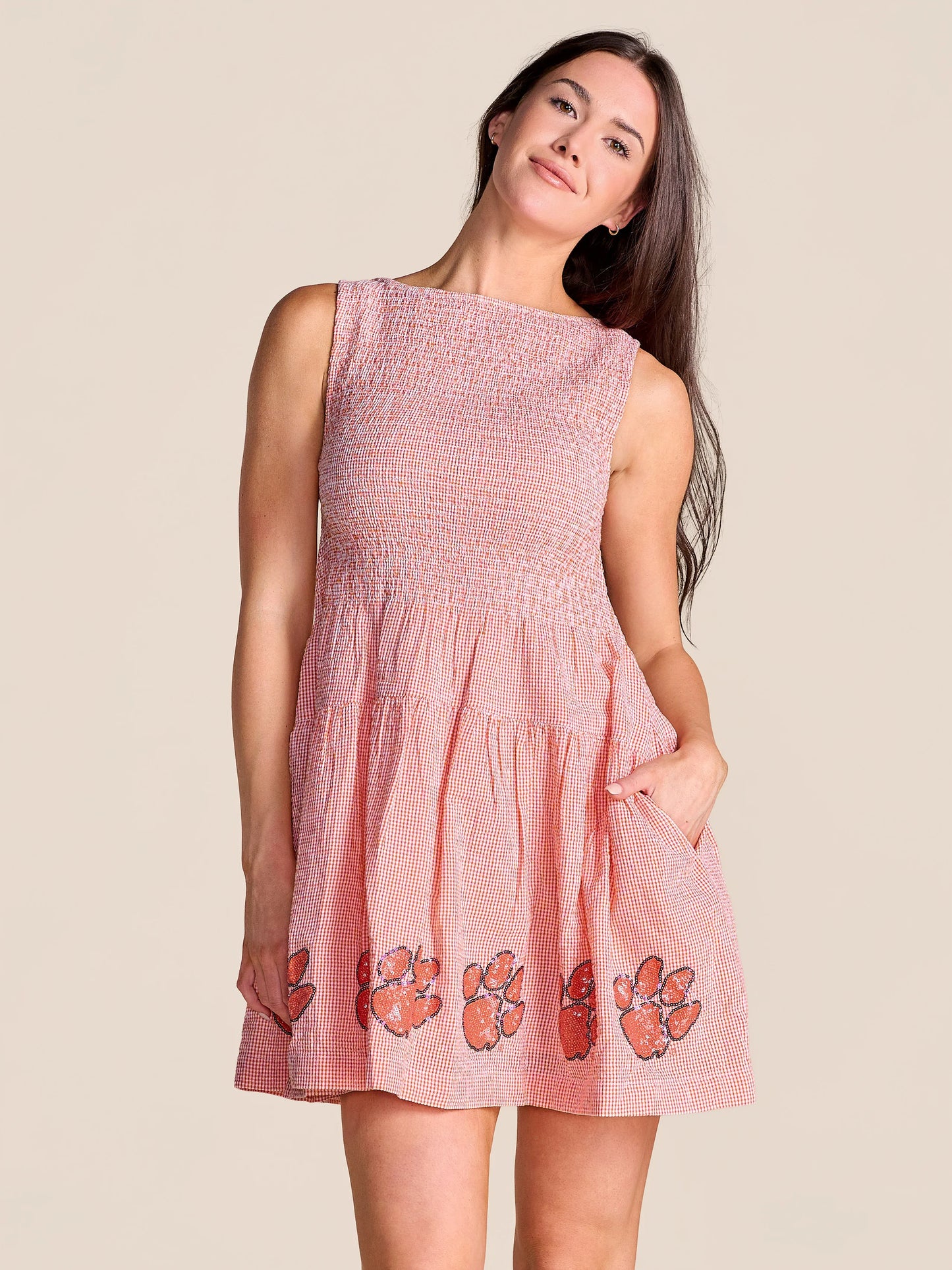 Stewart Simmons Good Sport Seersucker Dress Clemson, red gingham mini dress with sequin paw prints, smocked bodice, front view.