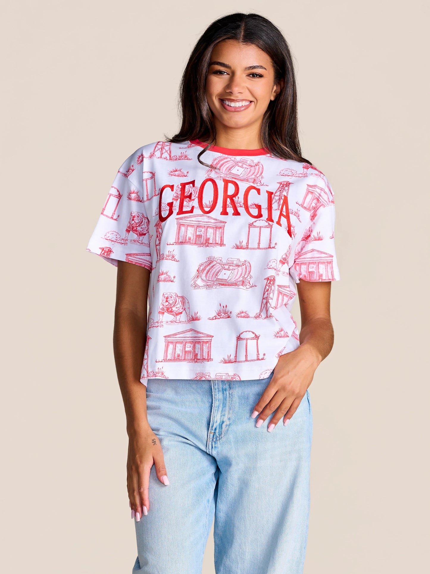 Stewart Simmons Team Toile Embroidered Tee Georgia — white crop tee with red Georgia landmarks print, red ringer collar, front view on model.
